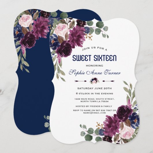 Invitation Charm Lavender Marine Bleu Floral Fleuron Sweet 16 (Devant / Derrière)