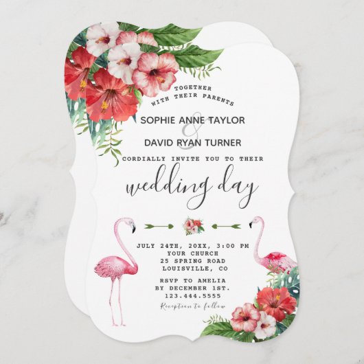 Invitation Charm Luau Flamant rose Tropical Floral Mariage (Devant / Derrière)