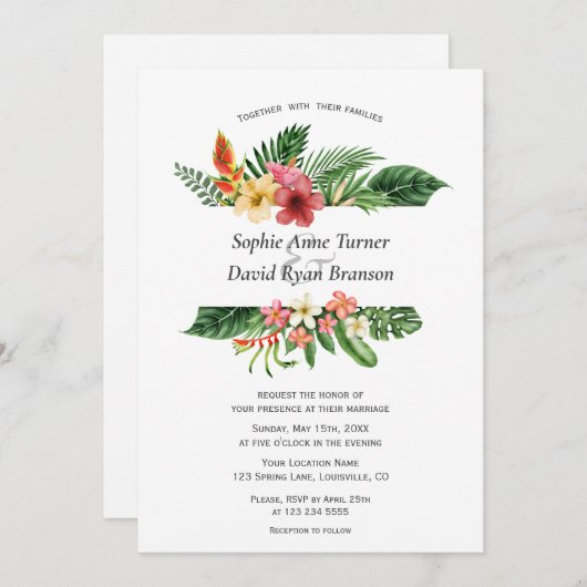 Invitation Charm Lush Tropical Flowers Feuille Frame Mariage (Devant / Derrière)