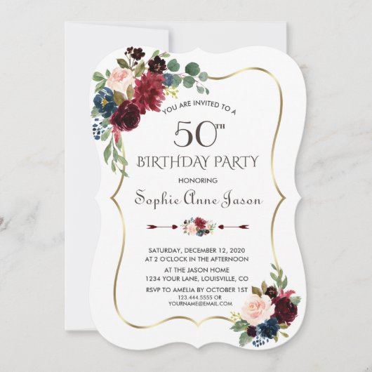 Invitation Charm Merlot Marine Blue Floral 50e anniversaire (Devant)