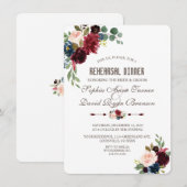 Invitation Charm Merlot Navy Blue Floral Rehearer Dîner (Devant / Derrière)