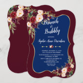 Invitation Charm Navy Bleu Bourgogne Floral Brunch & Bubbly (Devant / Derrière)