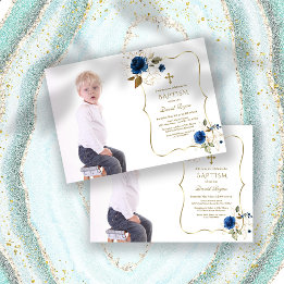 Invitation Charm Navy Blue Floral Gold Boy Photo Baptême