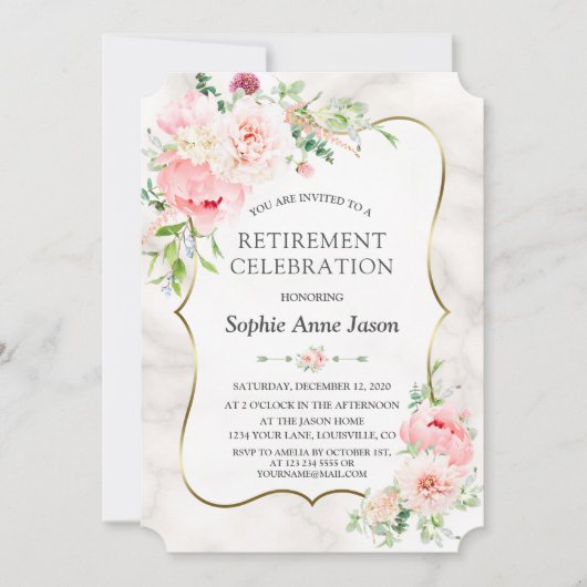 Invitation Charm Pink Blush Peonies Gold Retraite Party (Devant)