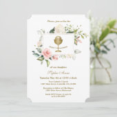 Invitation Charm Pink Flowers Frame Girl First Holy Communion (Debout devant)