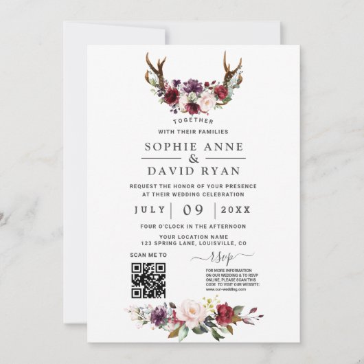 Invitation Charm QR Code Aquarelle Fleurs Antlers Mariage (Devant)