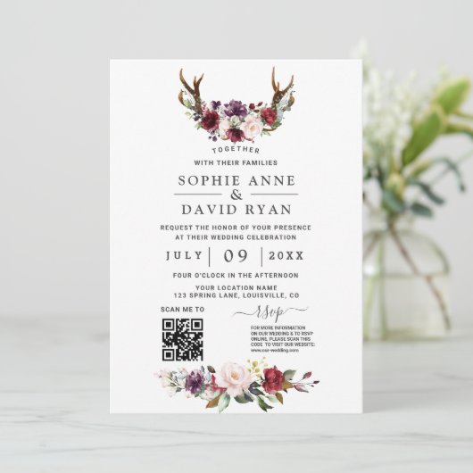 Invitation Charm QR Code Aquarelle Fleurs Antlers Mariage (Debout devant)