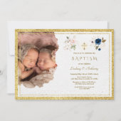 Invitation Charm Rose Bleu Or Floral Twins Photo Baptême (Devant)