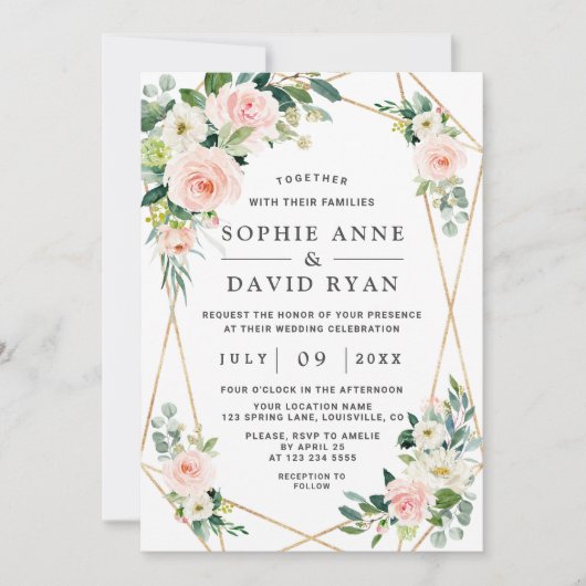 Invitation Charm Rose Blush Fleurs Blanches Mariage Or (Devant)