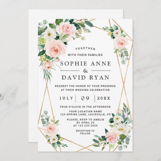 Invitation Charm Rose Blush Fleurs Blanches Mariage Or (Devant / Derrière)
