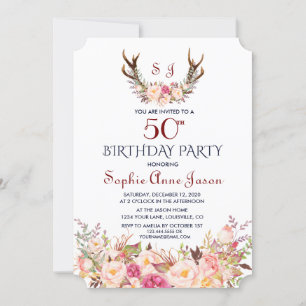 Invitation Charm Rose Blush Floral Antlers 50e anniversaire