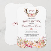 Invitation Charm Rose Blush Floral Antlers Monogram Sweet 16 (Devant / Derrière)