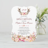 Invitation Charm Rose Blush Floral Antlers Monogram Sweet 16 (Debout devant)