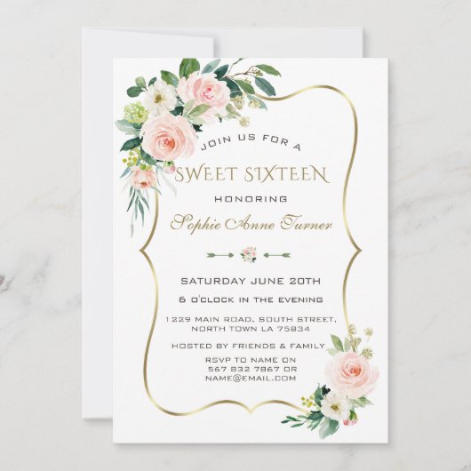 Invitation Charm Rose Blush ivoire Floral Or Frame Sweet 16 (Devant)
