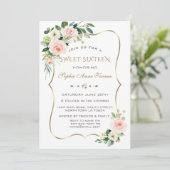 Invitation Charm Rose Blush ivoire Floral Or Frame Sweet 16 (Debout devant)