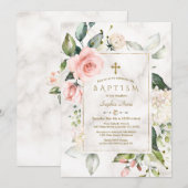Invitation Charm rose Crème Blush Floral Marbre Or Baptême (Devant / Derrière)