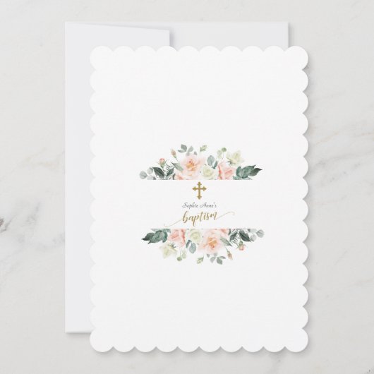 Invitation Charm rose Fleurs blanches Croix d'or Baptême (Dos)