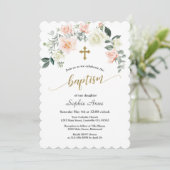 Invitation Charm rose Fleurs blanches Croix d'or Baptême (Debout devant)