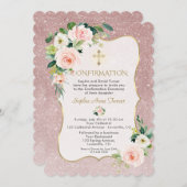 Invitation Charm rose Fleurs blanches Gold Girl Confirmation (Devant / Derrière)