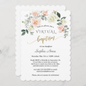 Invitation Charm rose Fleurs blanches Or Baptême virtuel (Devant / Derrière)