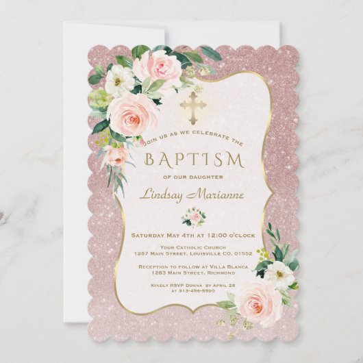 Invitation Charm rose Fleurs blanches Rose Parties scintillan (Devant)