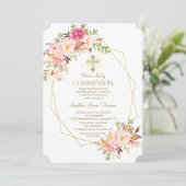 Invitation Charm rose Fleurs Rouges Or Frame Sainte Communion (Debout devant)