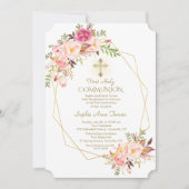 Invitation Charm rose Fleurs Rouges Or Frame Sainte Communion (Devant)