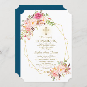 Invitation Charm rose Fleurs Rouges Or Frame Sainte Communion
