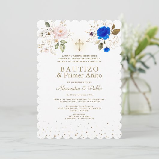 Invitation Charm Twins Rose Bleu Fleurs Primer Añito Bautizo (Debout devant)