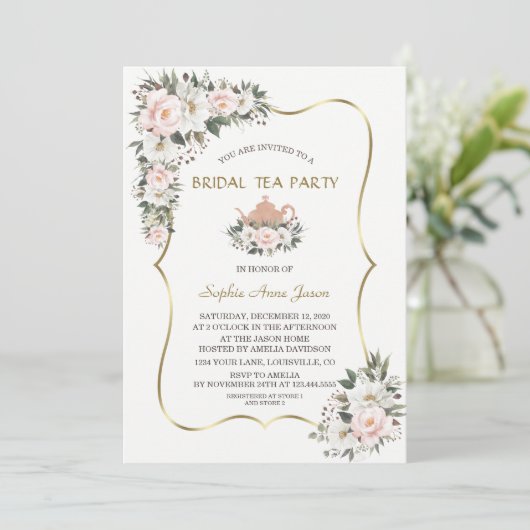 Invitation Charm White Blush Flowers Gold Bridal Tea Party (Debout devant)