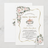 Invitation Charm White Blush Flowers Gold Bridal Tea Party (Devant / Derrière)
