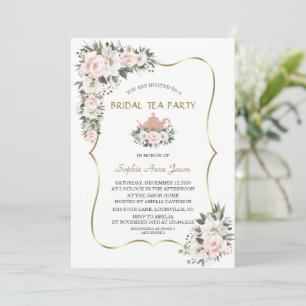 Invitation Charm White Blush Flowers Gold Bridal Tea Party