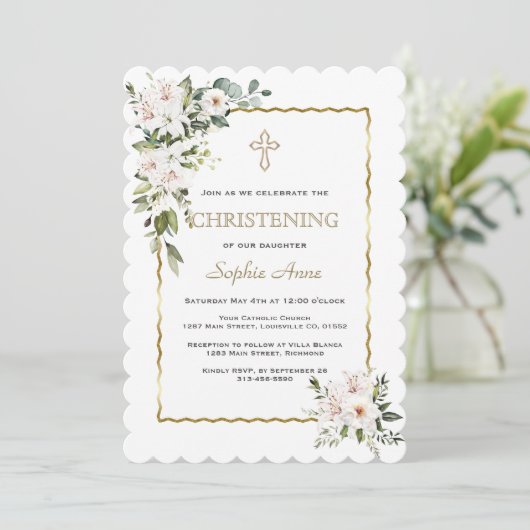 Invitation Charm White Lilies Rose Gold Girl Christening (Debout devant)