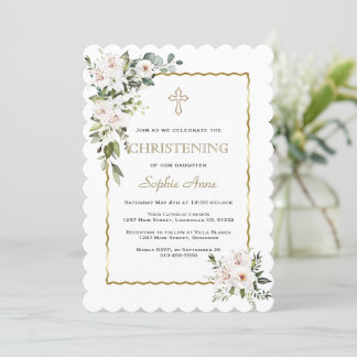 Invitation Charm White Lilies Rose Gold Girl Christening