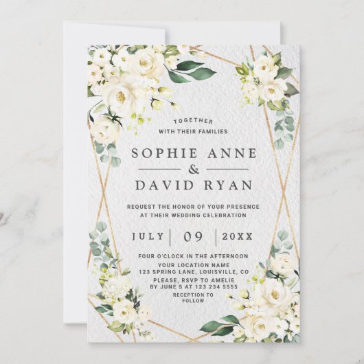 Invitation Charmant Aquarelle Blanc Floral Mariage or (Devant)