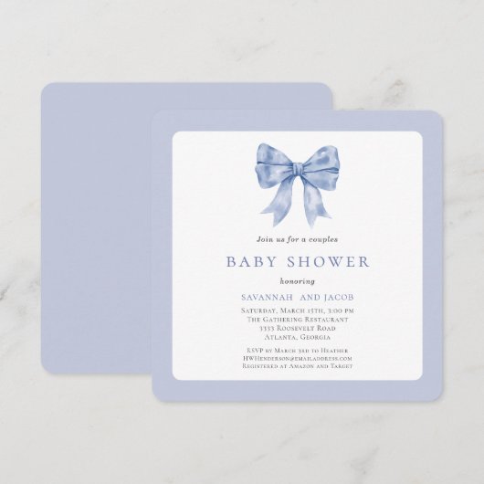 Invitation Charmant Baby shower Bow Bow Bow Couples Blue Ribb (Devant / Derrière)