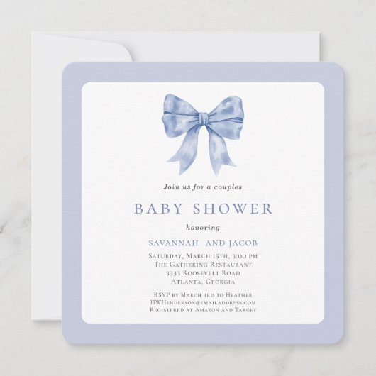 Invitation Charmant Baby shower Bow Bow Bow Couples Blue Ribb (Devant)