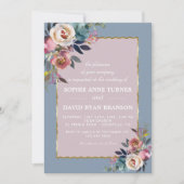 Invitation Charmant bleu bleu foncé Rose floral Mariage or (Devant)