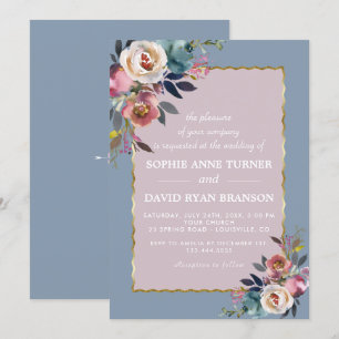 Invitation Charmant bleu bleu foncé Rose floral Mariage or