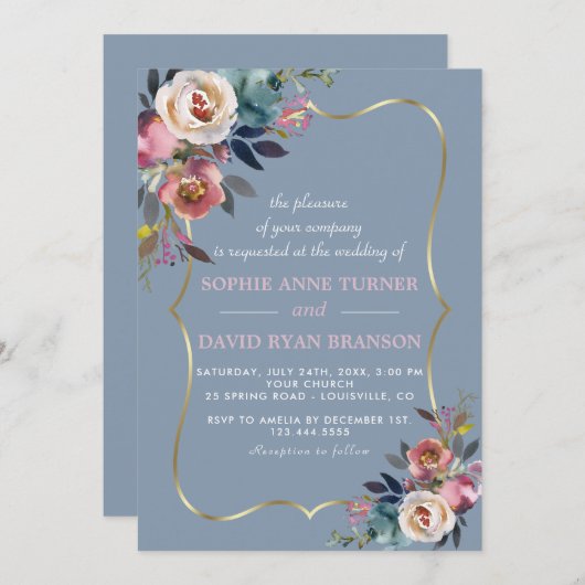 Invitation Charmant bleu bleu foncé Rose floral Mariage or (Devant / Derrière)