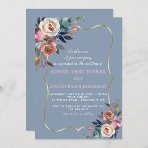 Invitation Charmant bleu bleu foncé Rose floral Mariage or