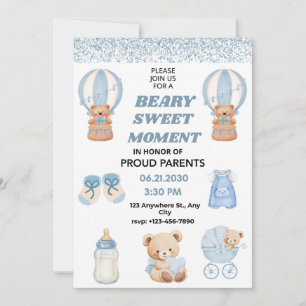 INVITATION CHARMANT BLEU CIEL 5X7 OURSON GARÇON BABY SHOWER