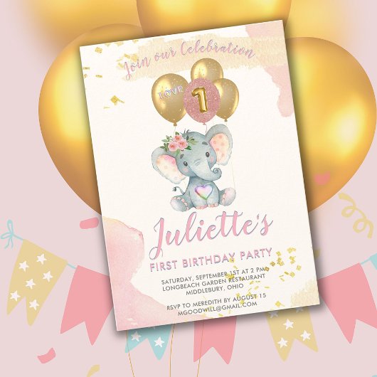 Invitation Charmant BUDGET Rose Eléphant Premier anniversaire