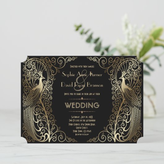 Invitation Charmant Mariage or Art Déco Peacocs (Debout devant)