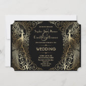 Invitation Charmant Mariage or Art Déco Peacocs (Devant)