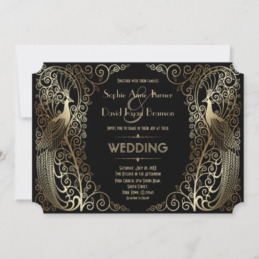 Invitation Charmant Mariage or Art Déco Peacocs (Devant)