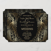 Invitation Charmant Mariage or Art Déco Peacocs (Devant / Derrière)