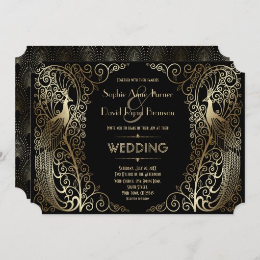 Invitation Charmant Mariage or Art Déco Peacocs (Devant / Derrière)