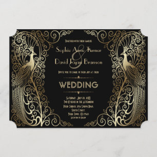 Invitation Charmant Mariage or Art Déco Peacocs