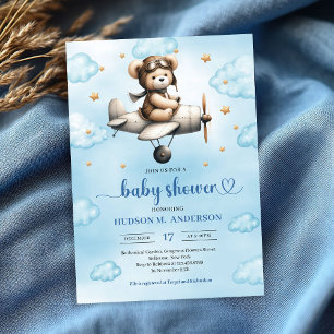Invitation Charmant Ours en Peluche Pilote Bleu Marron Baby S